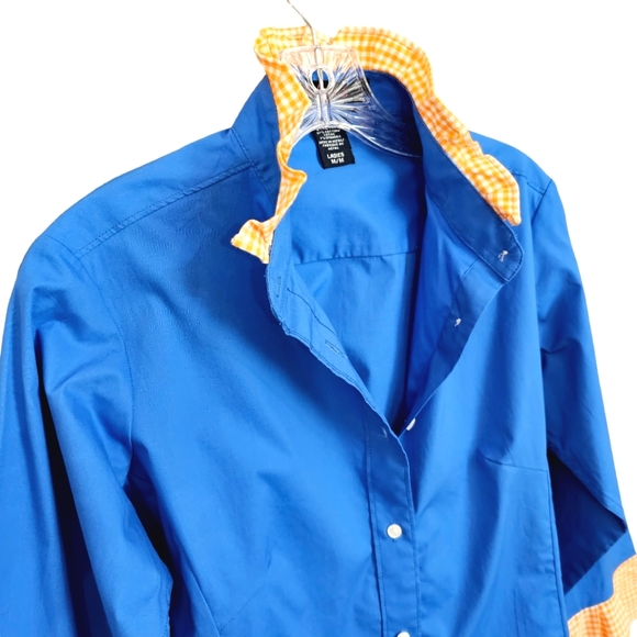Nwot Pearly Vines Blue Button Down Blouse with Orange Gingham Neck/Sleeves - Picture 8 of 10
